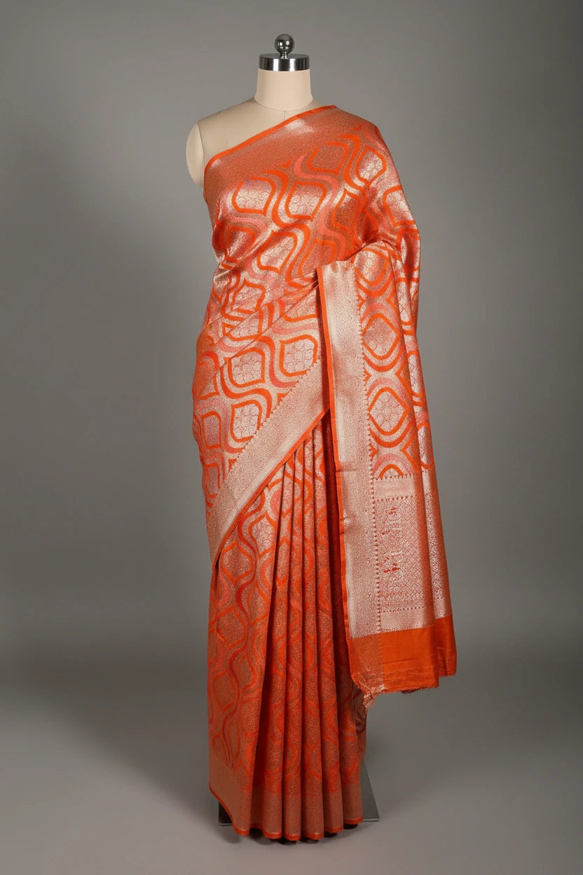 Bright Orange Mashru Katan Silk Heritage Grand Banarasi Saree
