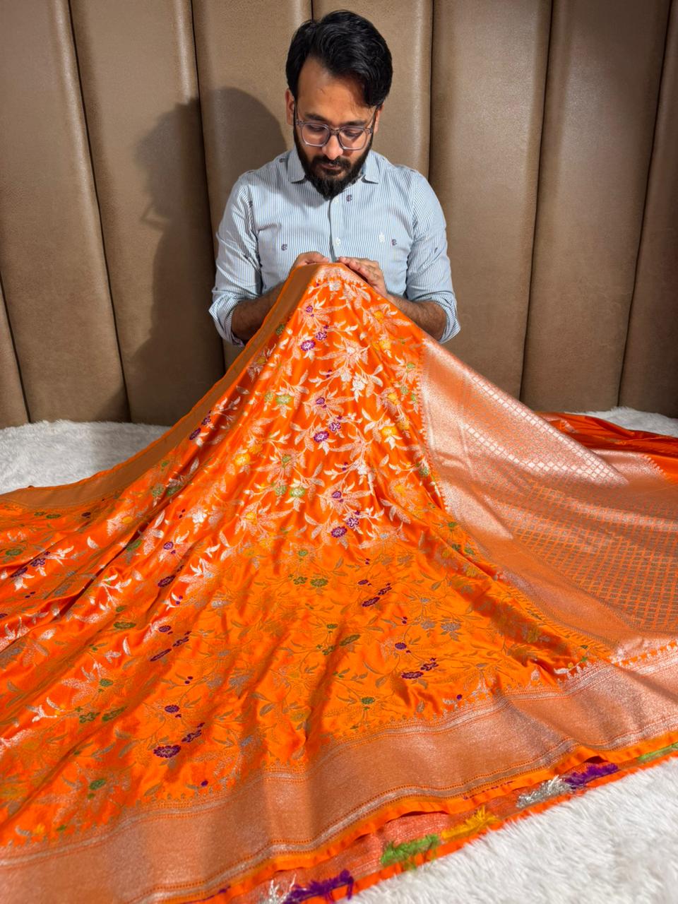 Bright Orange Mashru Katan Silk Meenakari Intricate Weave Banarasi Saree