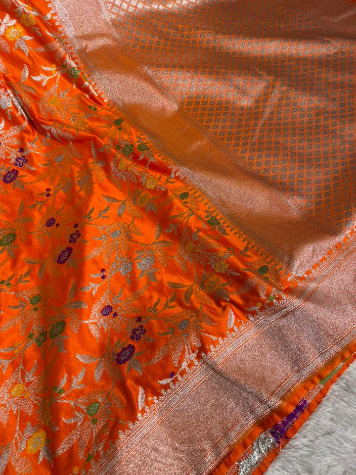 Bright Orange Mashru Katan Silk Meenakari Intricate Weave Banarasi Saree