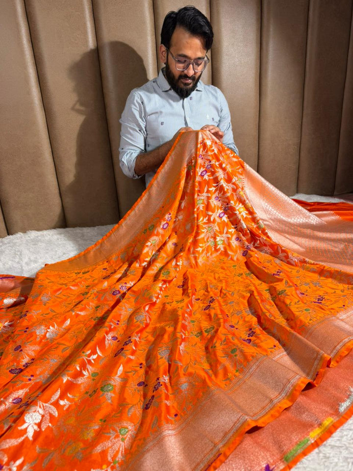 Bright Orange Mashru Katan Silk Meenakari Intricate Weave Banarasi Saree