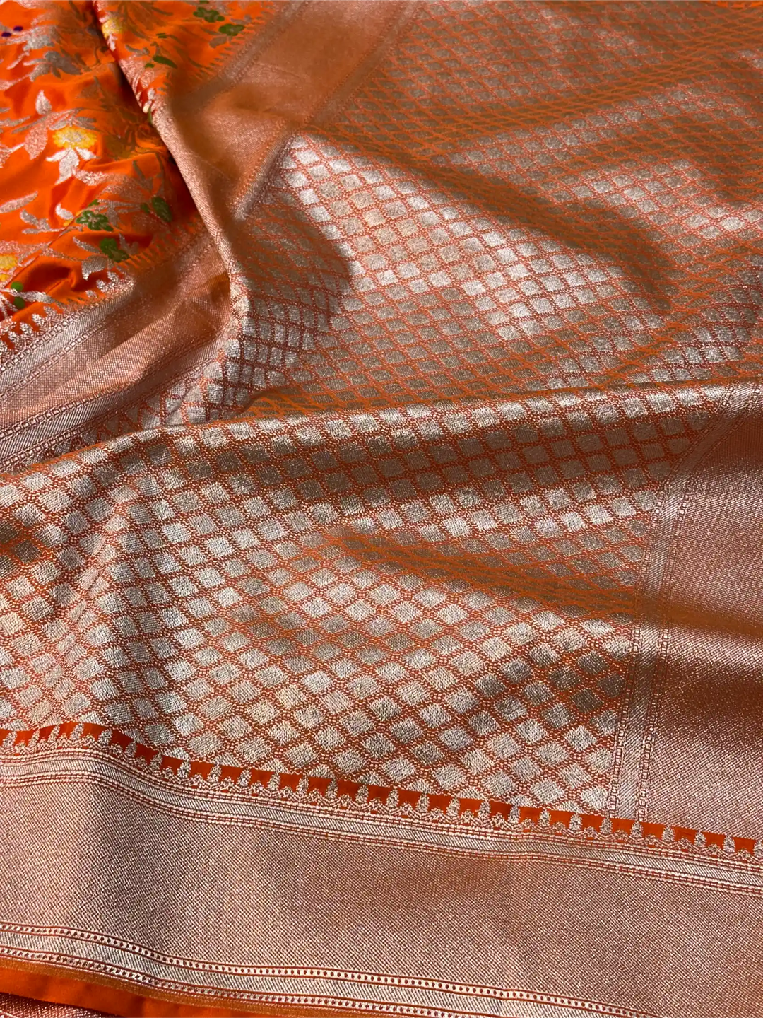 Bright Orange Mashru Katan Silk Meenakari Intricate Weave Banarasi Saree