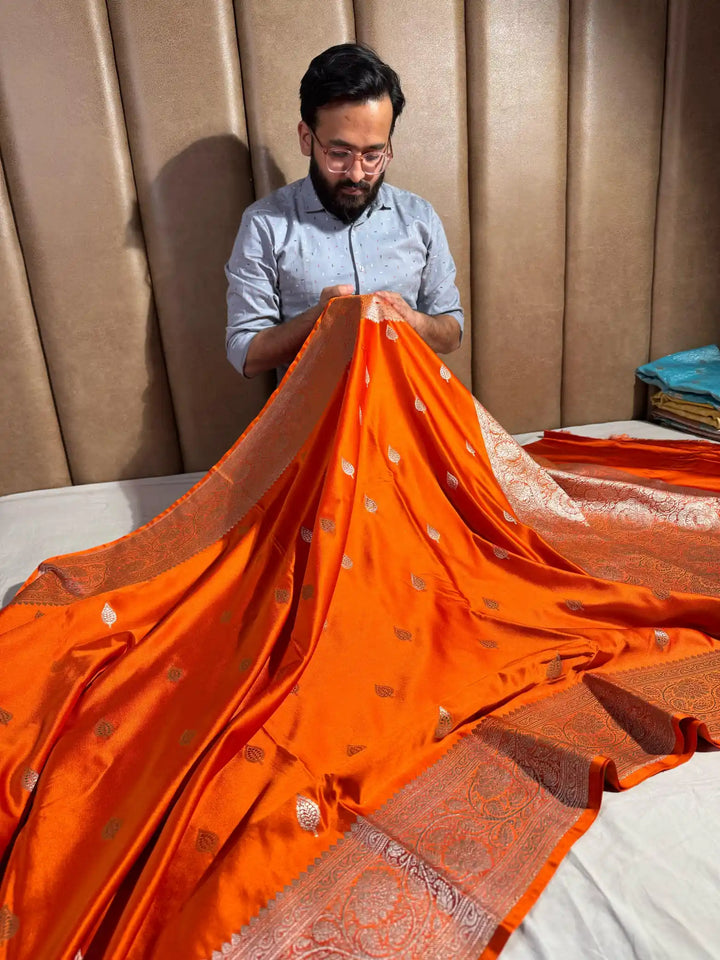Bright Orange Motifs Weave Mashru Katan Saree