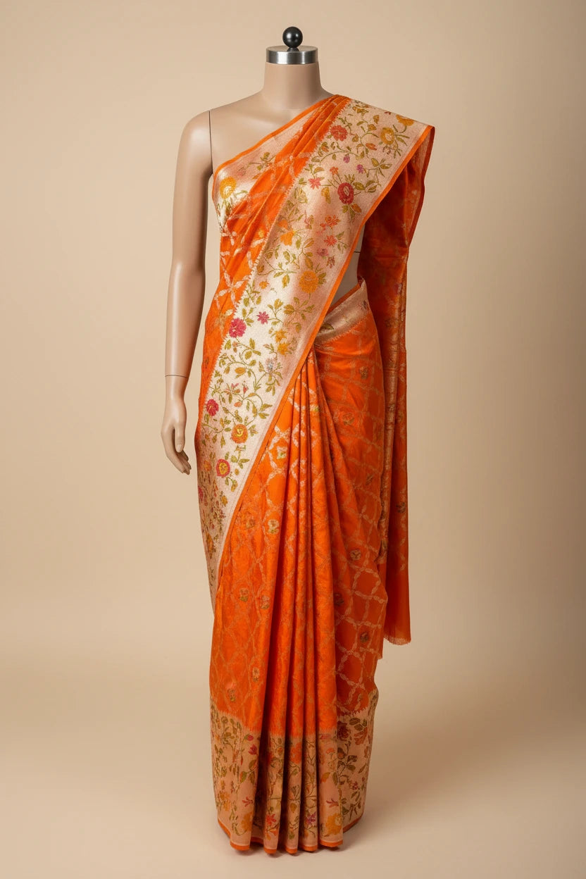 Bright Orange Pure Katan Silk Tilfi Meenakari Banarasi Saree