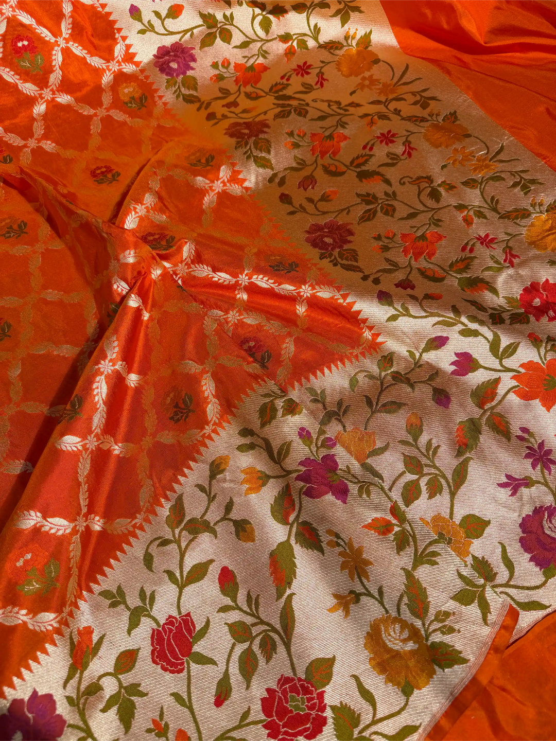 Bright Orange Pure Katan Silk Tilfi Meenakari Banarasi Saree