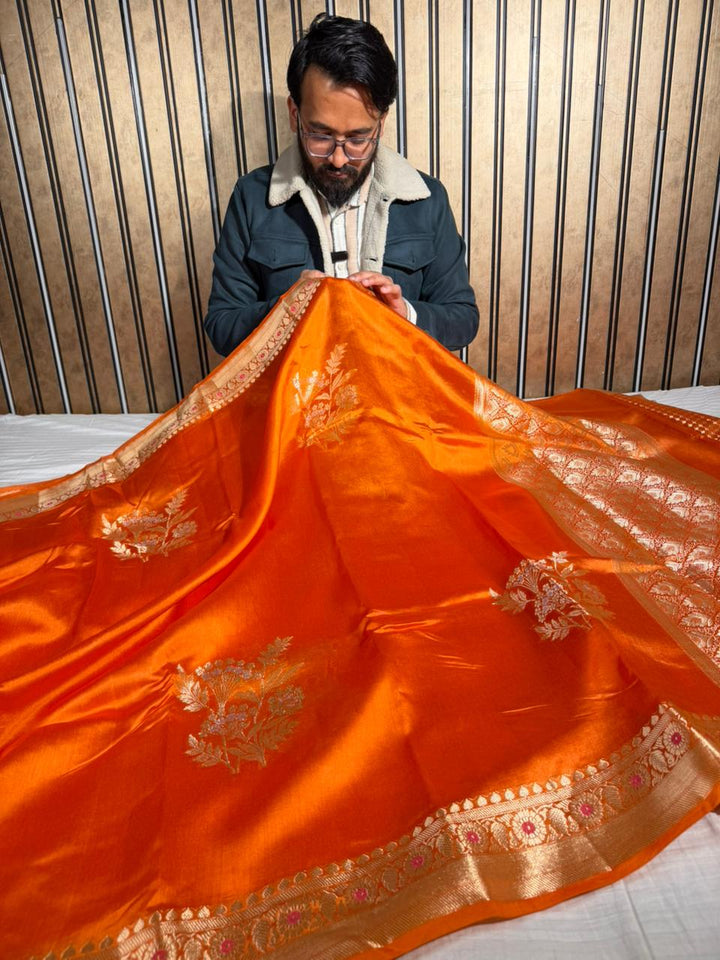 Bright Orange Pure Mango Silk Banarasi Saree
