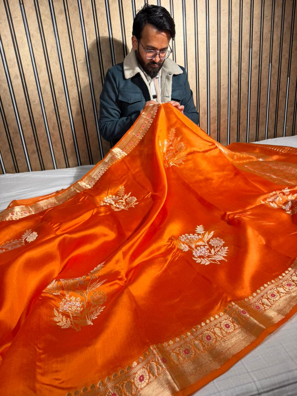 Bright Orange Pure Mango Silk Banarasi Saree