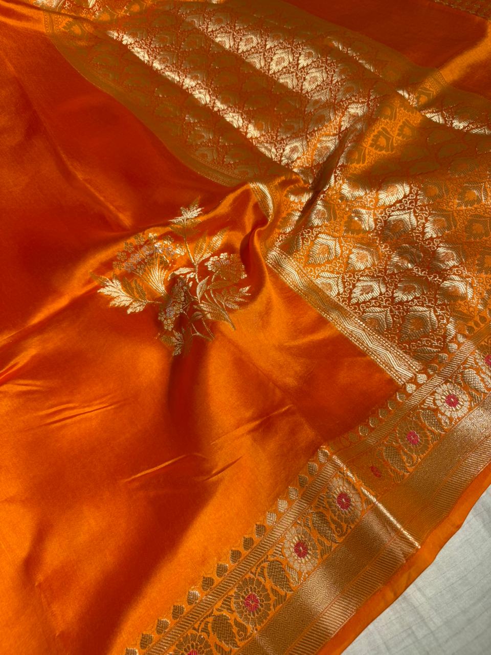 Bright Orange Pure Mango Silk Banarasi Saree