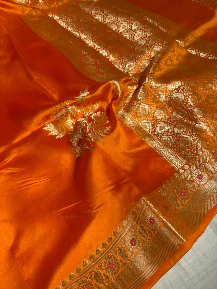 Bright Orange Pure Mango Silk Banarasi Saree