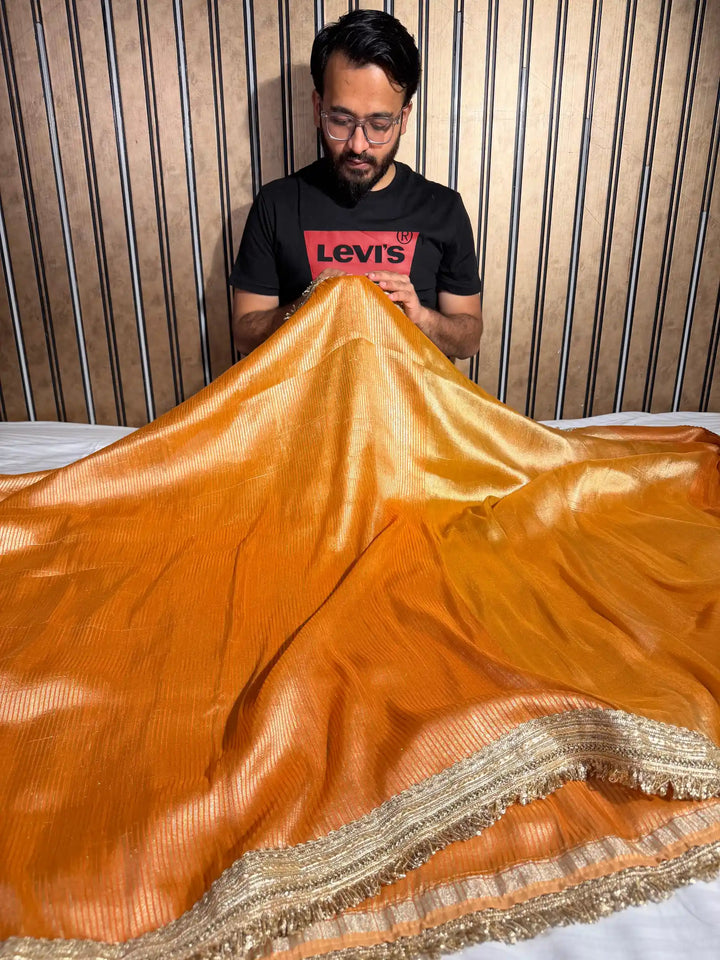 Bright Orange Pure Munga Silk Designer Lace Attached Banarasi Saree