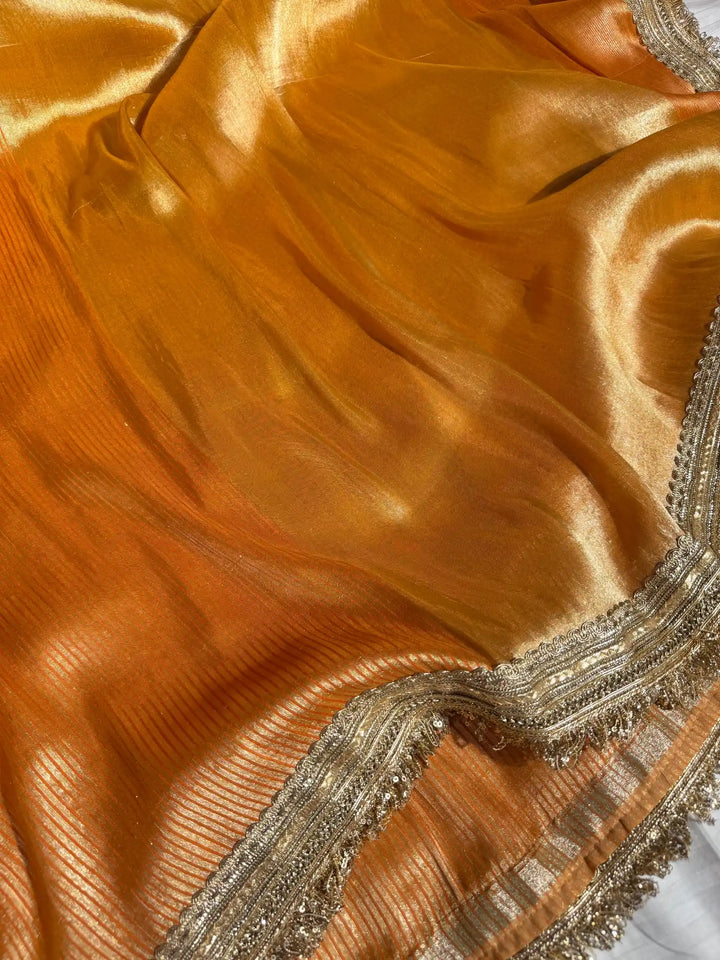 Bright Orange Pure Munga Silk Designer Lace Attached Banarasi Saree