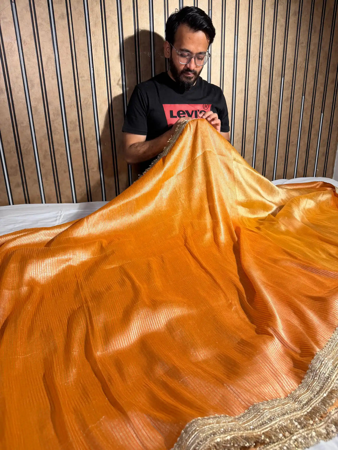 Bright Orange Pure Munga Silk Designer Lace Attached Banarasi Saree