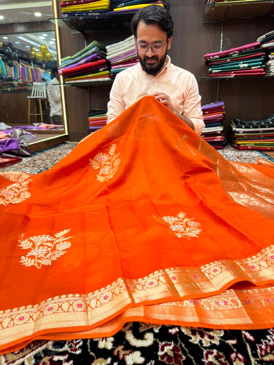 Bright Orange Pure Raw Mango Silk Banarasi Saree