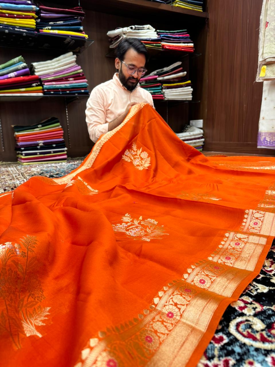 Bright Orange Pure Raw Mango Silk Banarasi Saree