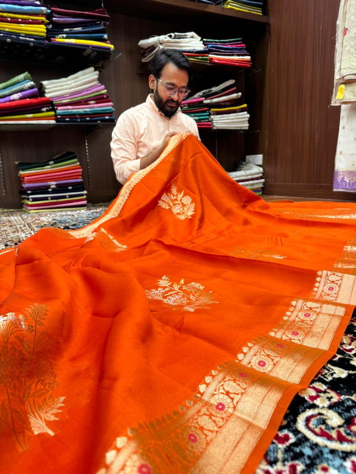 Bright Orange Pure Raw Mango Silk Banarasi Saree