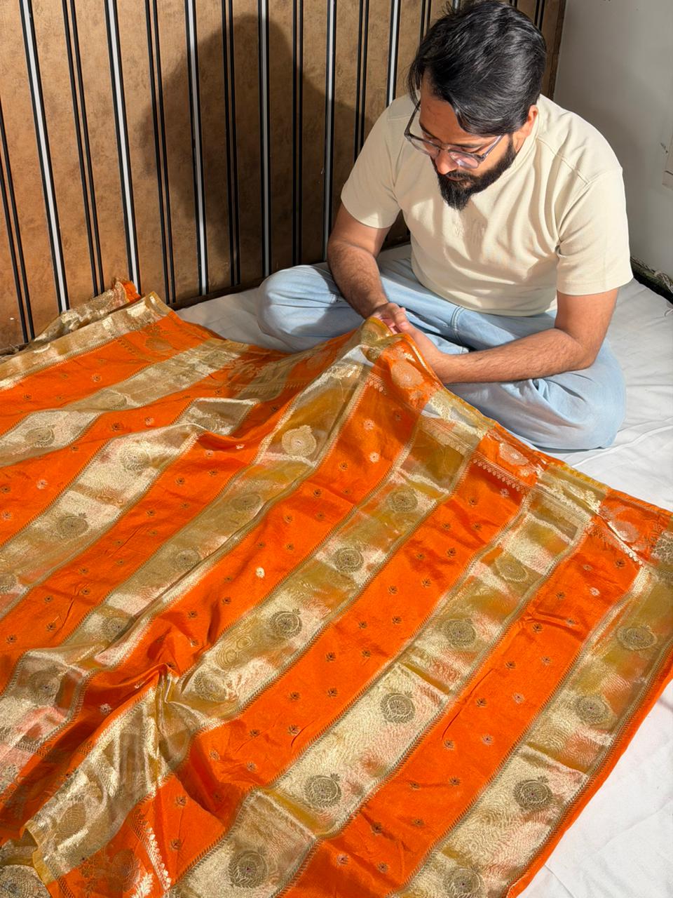 Bright Orange Rangkat Chinia Tissue Silk Heritage Weave Banarasi Saree