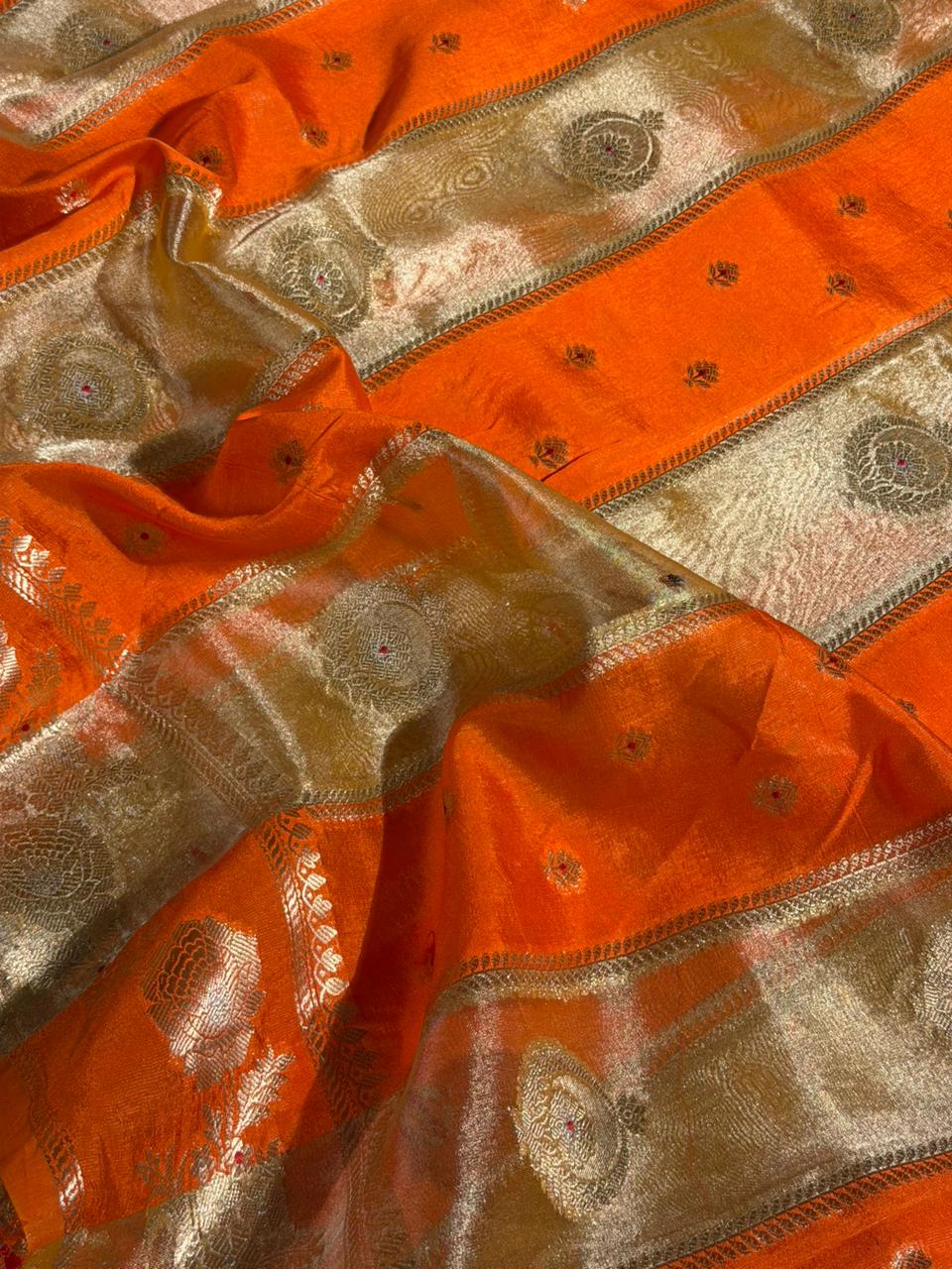 Bright Orange Rangkat Chinia Tissue Silk Heritage Weave Banarasi Saree