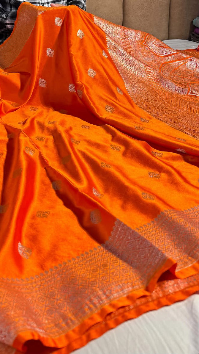 Bright Orange Mashru Katan Silk Banarasi Saree