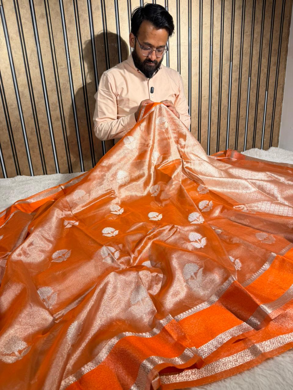Bright Orange Soft Tissue Silk Heritage Banarasi Saree