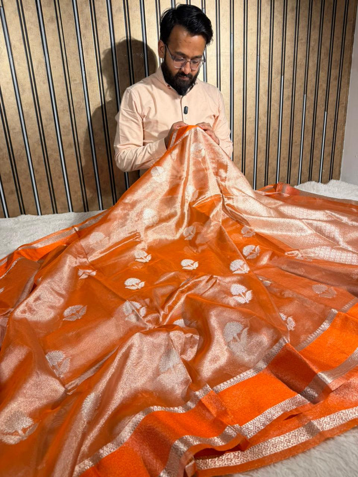 Bright Orange Soft Tissue Silk Heritage Banarasi Saree