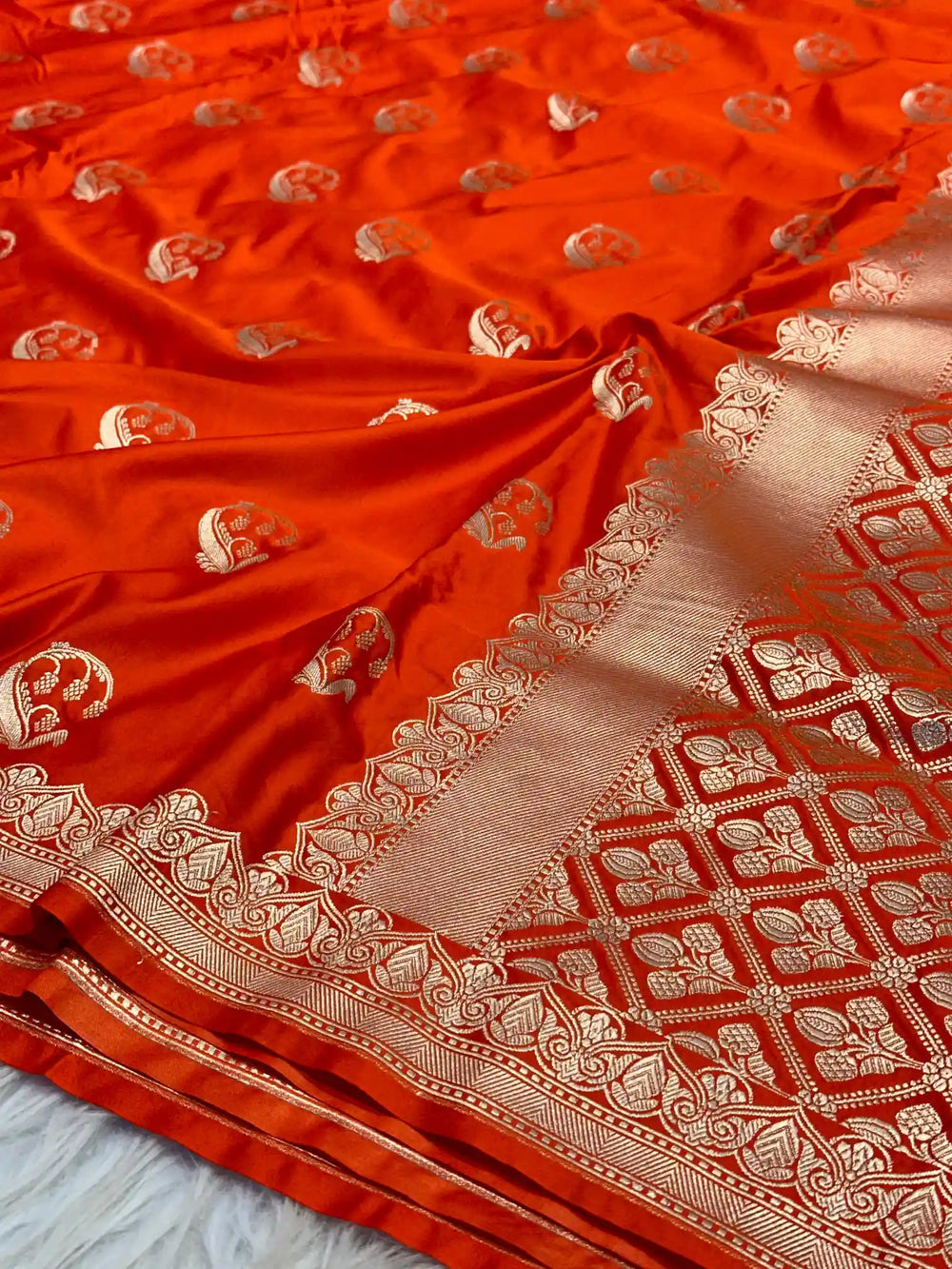 Bright Orange Traditional Weave Mashru Katan Saree