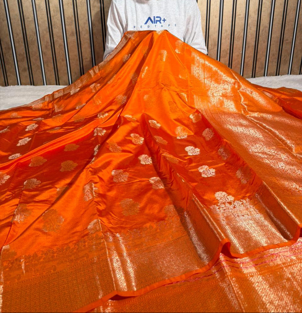 Bright Orange Viscose Chinia Silk Traditional Weave Banarasi Saree