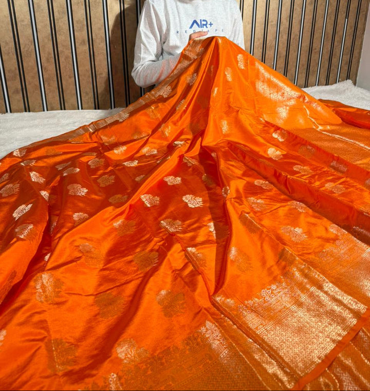 Bright Orange Viscose Chinia Silk Traditional Weave Banarasi Saree