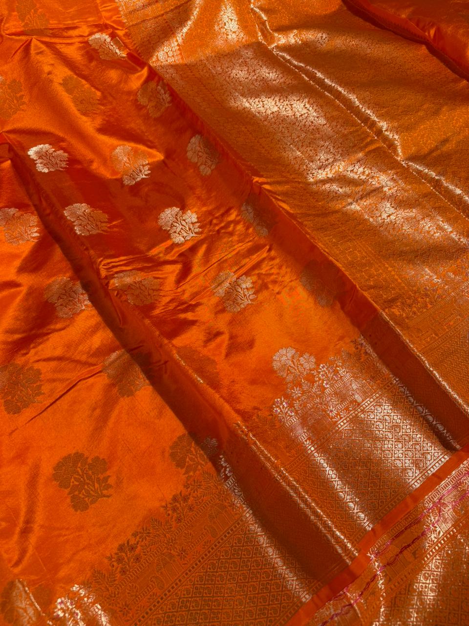 Bright Orange Viscose Chinia Silk Traditional Weave Banarasi Saree