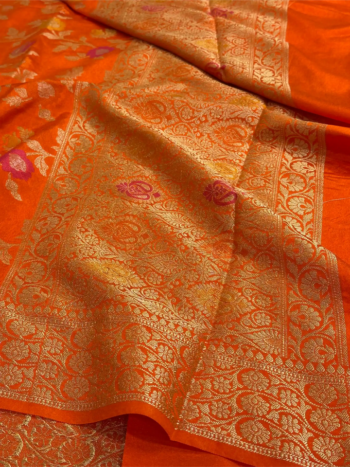 Bright Orange Warm Silk Tilfi Meenakari Banarasi Saree