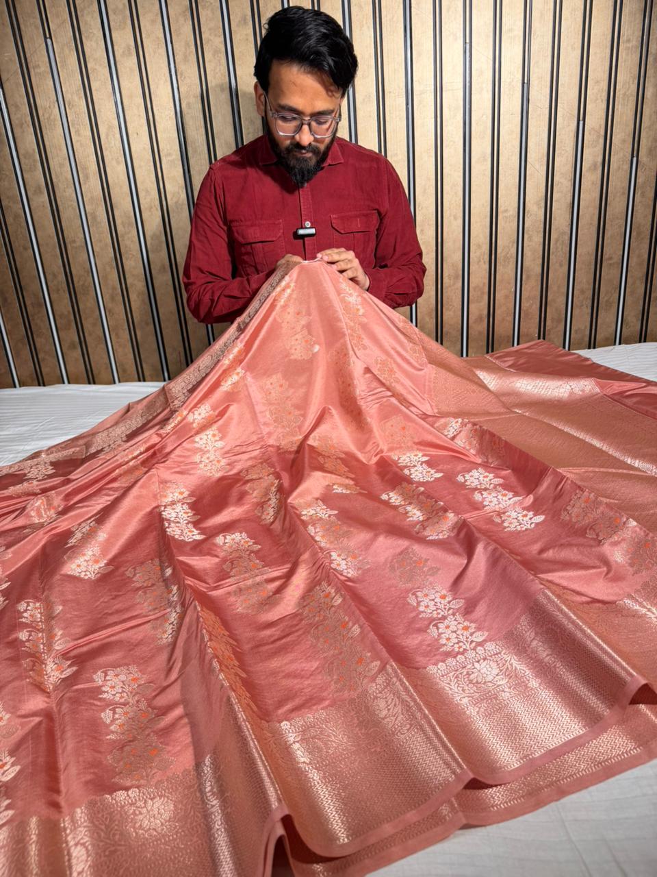 Bright Peach Banana Silk Meenakari Weave Banarasi Saree