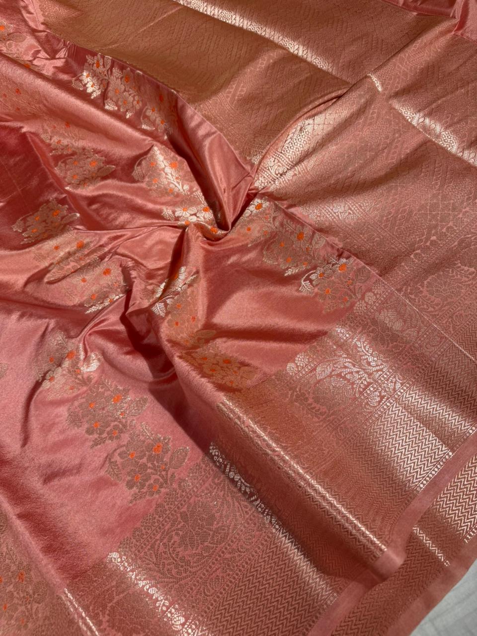 Bright Peach Banana Silk Meenakari Weave Banarasi Saree
