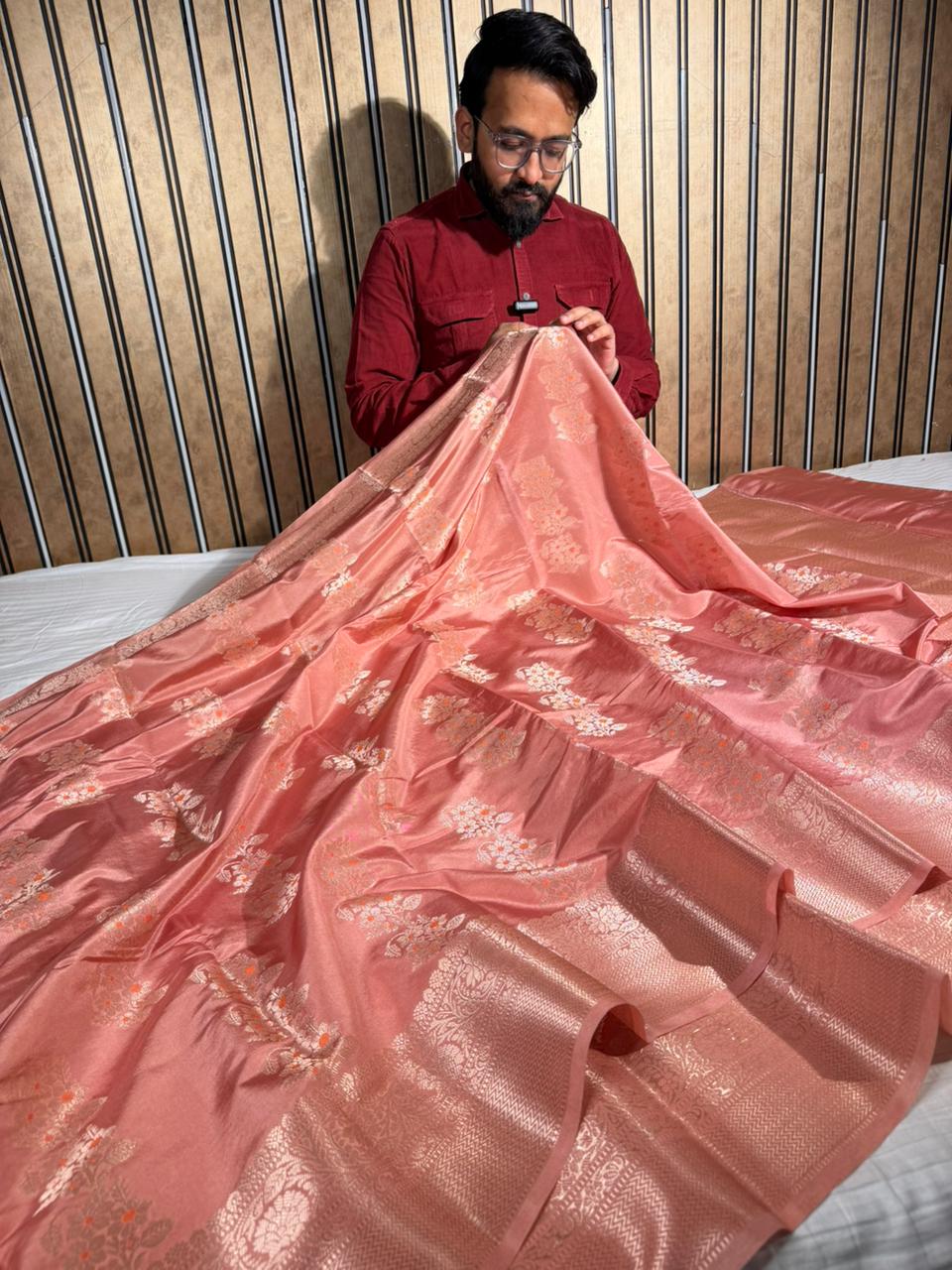 Bright Peach Banana Silk Meenakari Weave Banarasi Saree