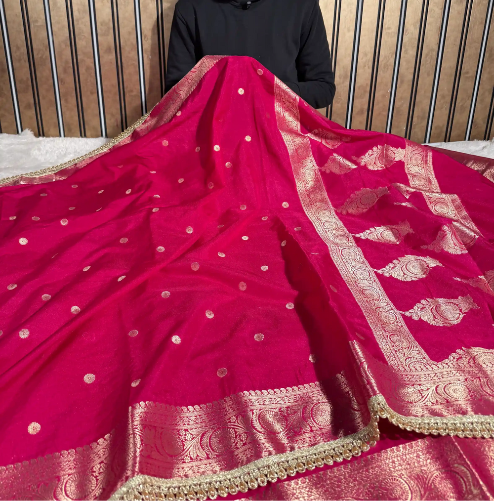 Bright Pink Chinia Silk Designer Moti Lace Attached Banarasi Saree