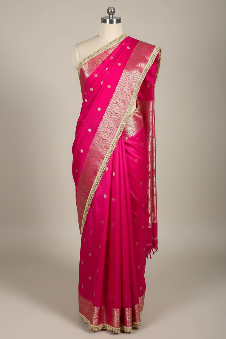 Bright Pink Chinia Silk Designer Moti Lace Attached Banarasi Saree