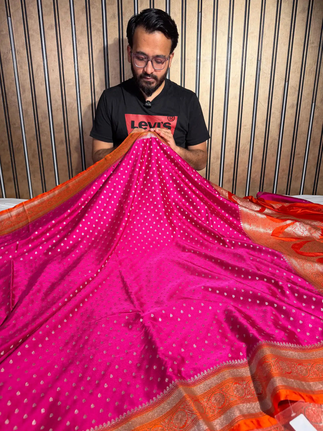 Bright Pink Eccentric Mashru Katan Silk Banarasi Saree