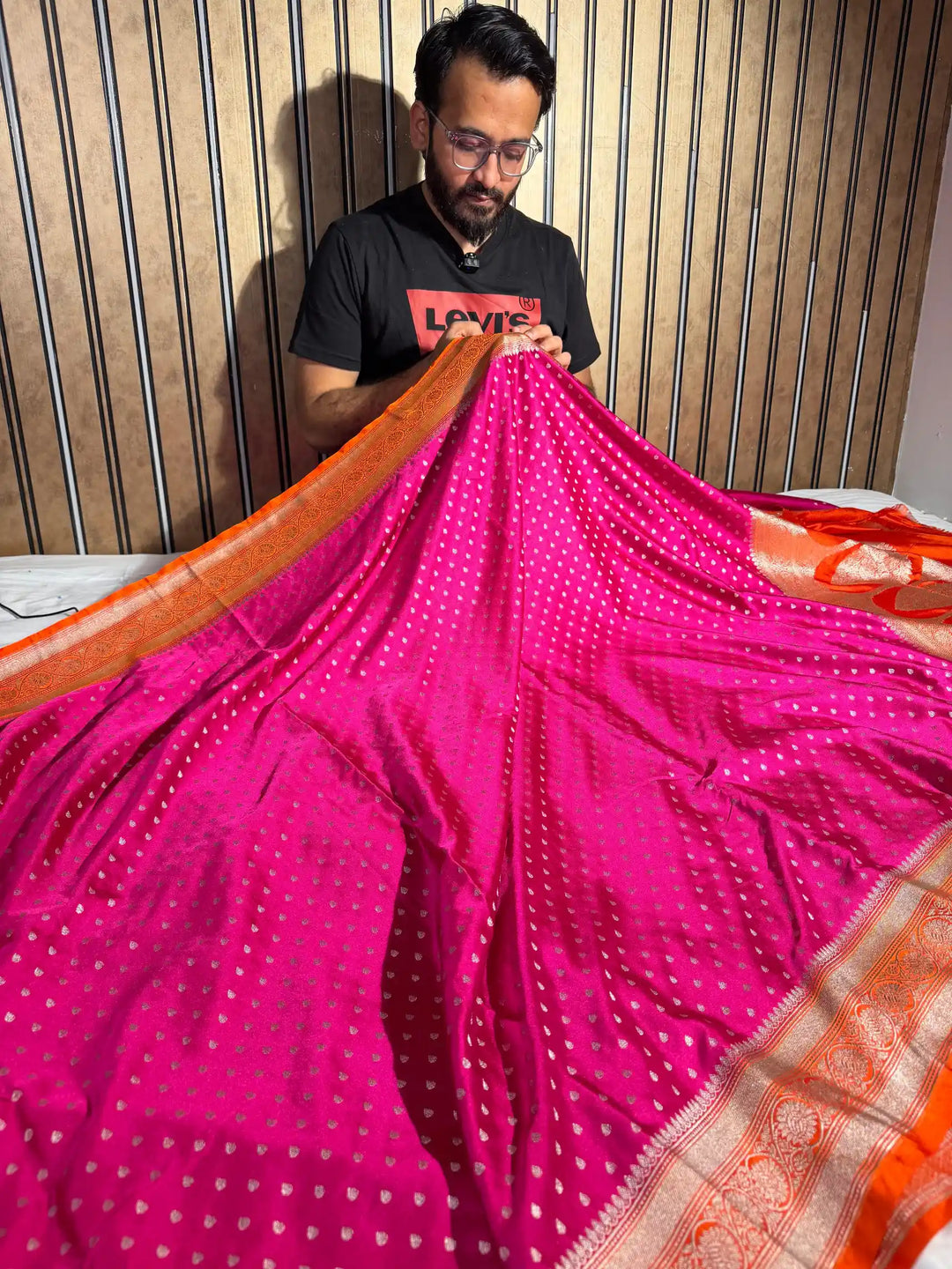 Bright Pink Eccentric Mashru Katan Silk Banarasi Saree