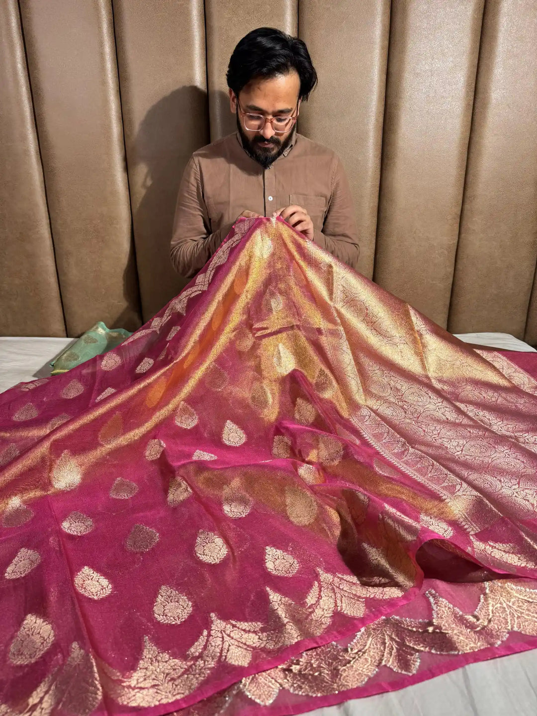 Bright Pink Tissue banarasi saree with rich pallu and blouse