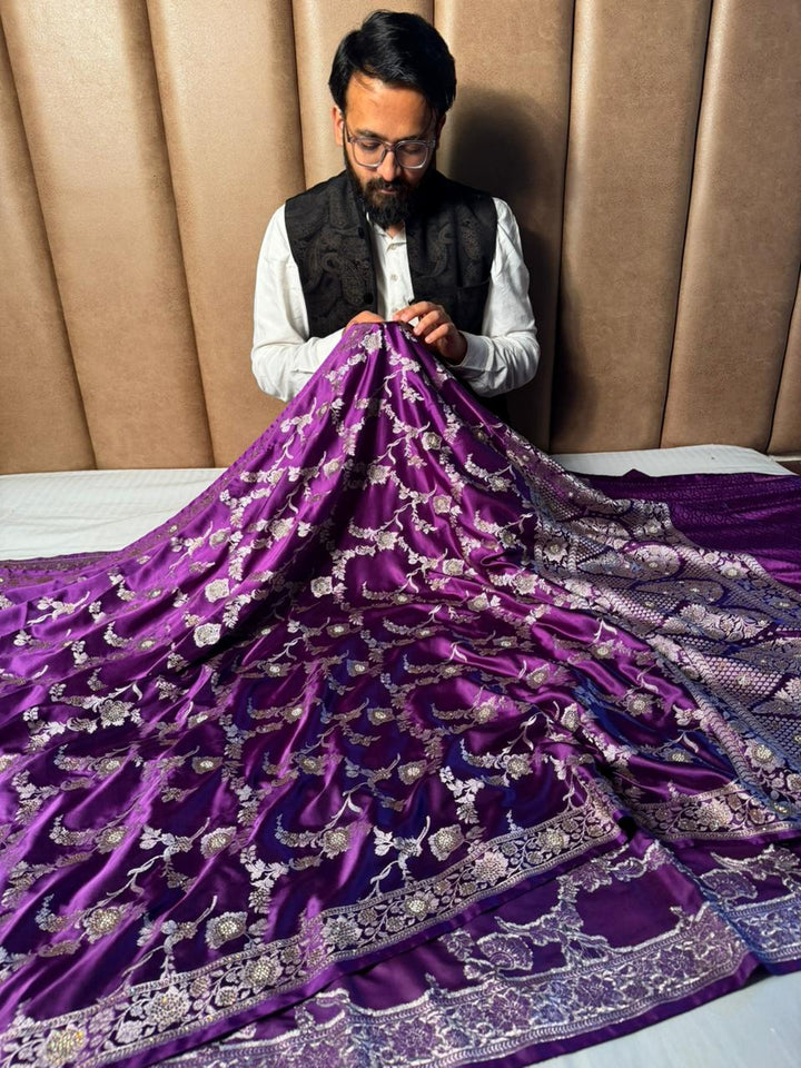 Bright Purple Eccentric Mashru Katan Silk Banarasi Saree