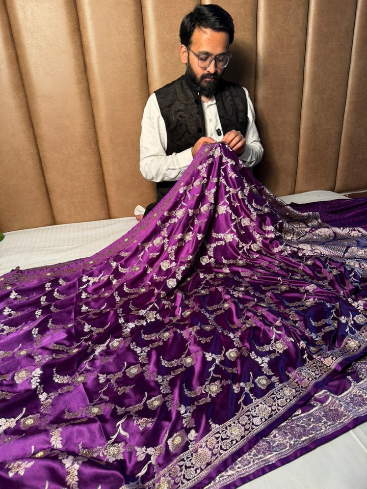 Bright Purple Eccentric Mashru Katan Silk Banarasi Saree