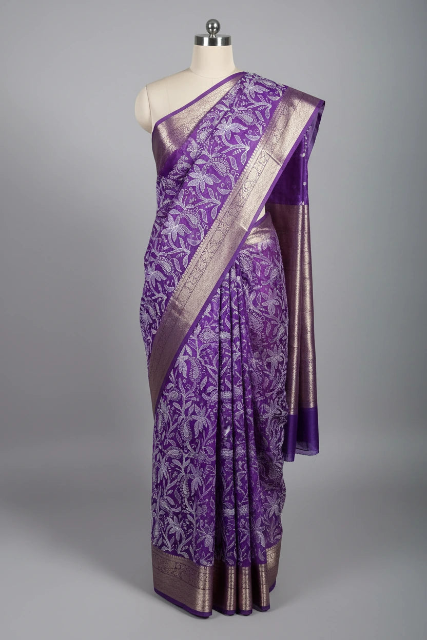 Bright Purple Kora Organza Chikankari Embroidered Banarasi Saree