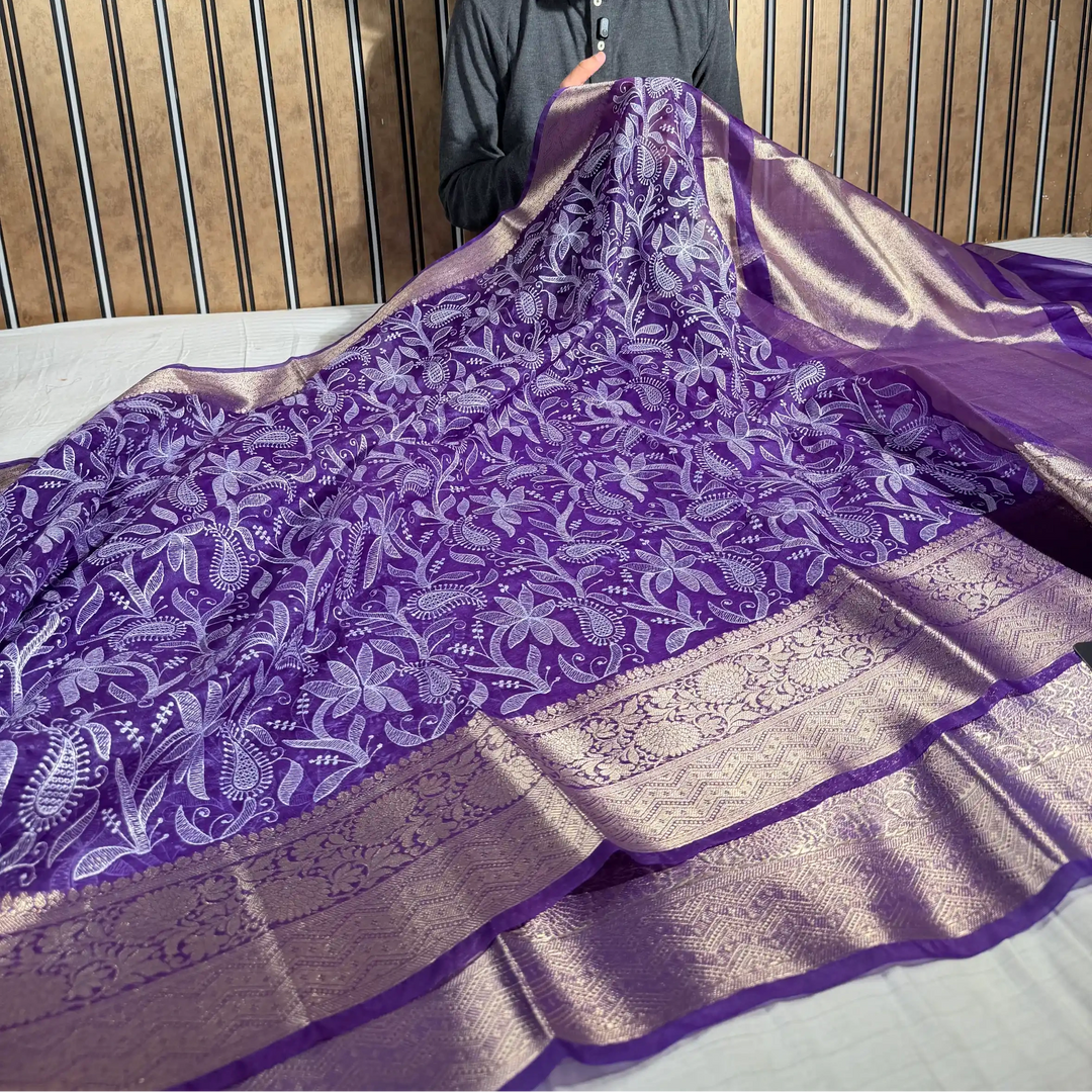 Bright Purple Kora Organza Chikankari Embroidered Banarasi Saree