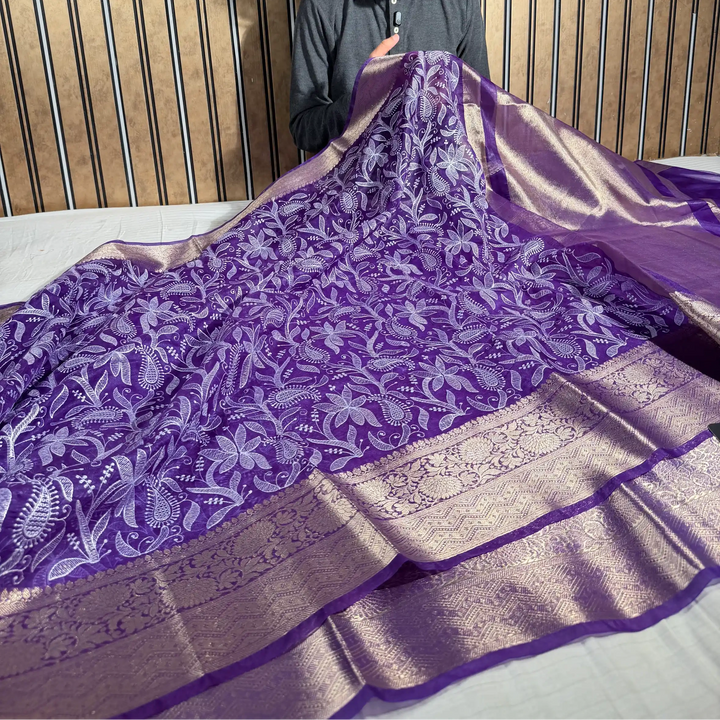 Bright Purple Kora Organza Chikankari Embroidered Banarasi Saree