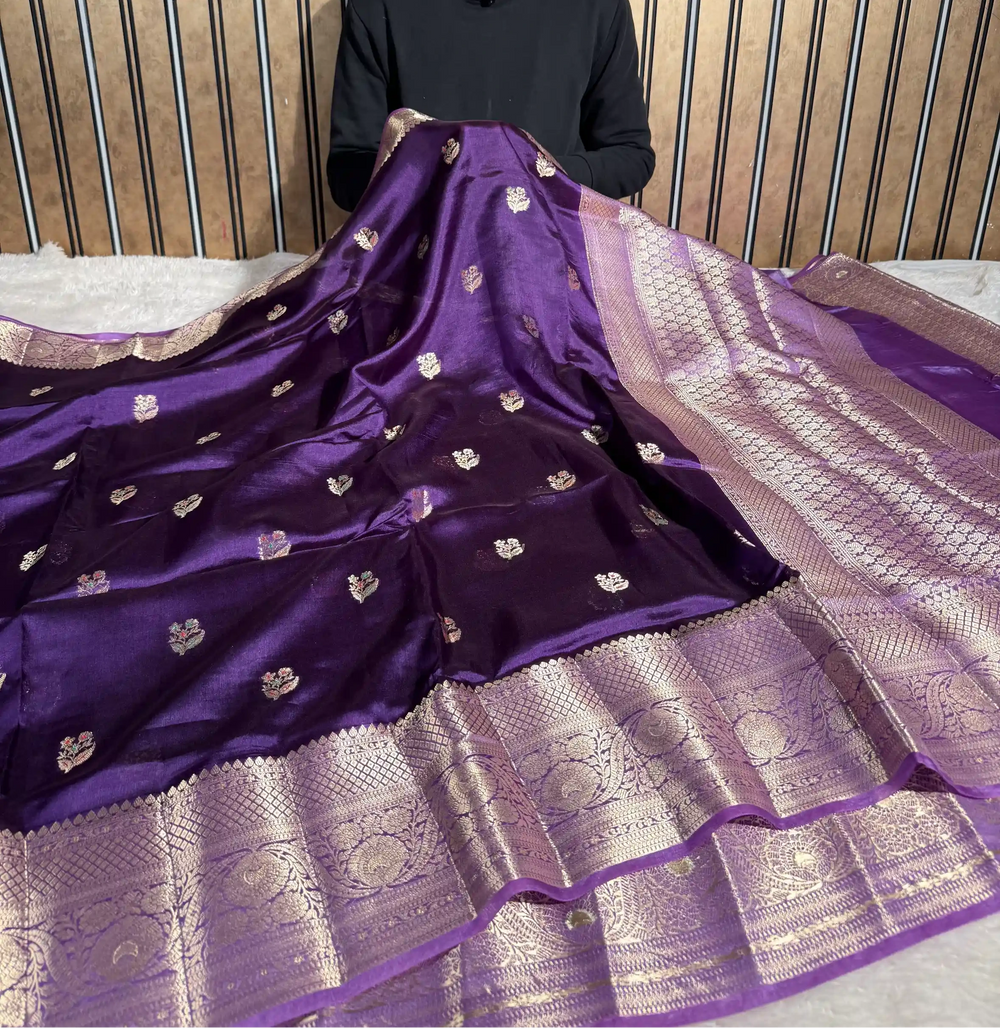 Bright Purple Mango Katan Silk Meenakari Buta Banarasi Saree