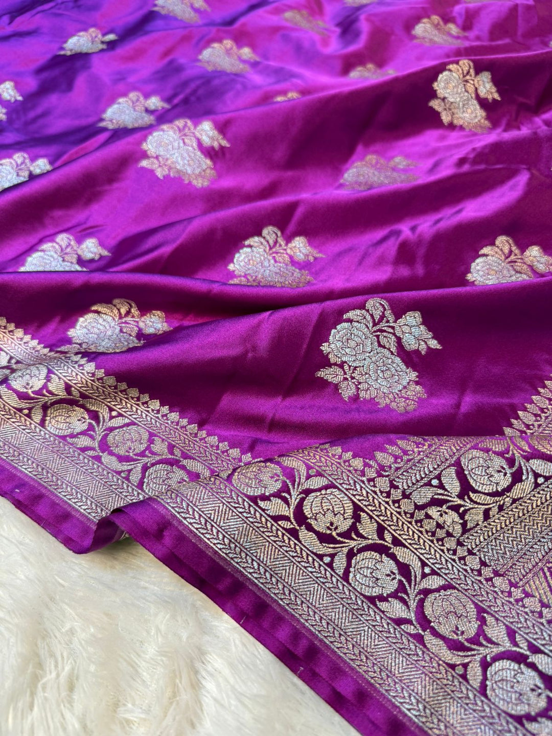 Bright Purple Mashru Katan Silk Intricate Meenakari Buta Weave Banarasi Saree