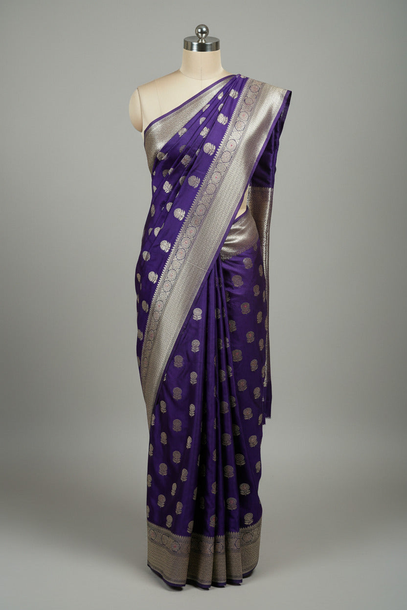 Bright Purple Mashru Katan Silk Meenakari Buta Banarasi Saree