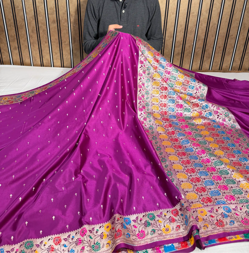 Bright Purple Mashru Katan Silk Meenakshi Banarasi Saree