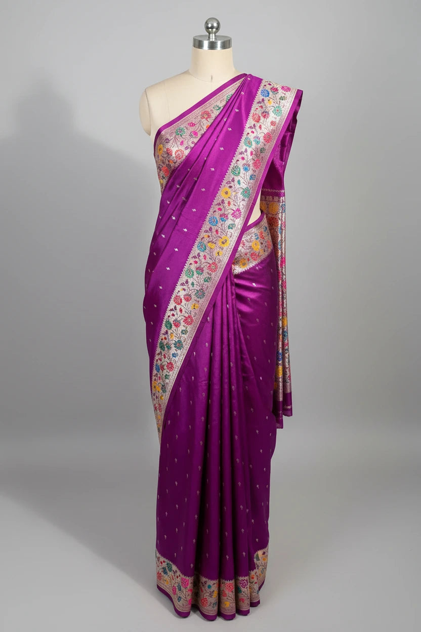 Bright Purple Mashru Katan Silk Meenakshi Banarasi Saree
