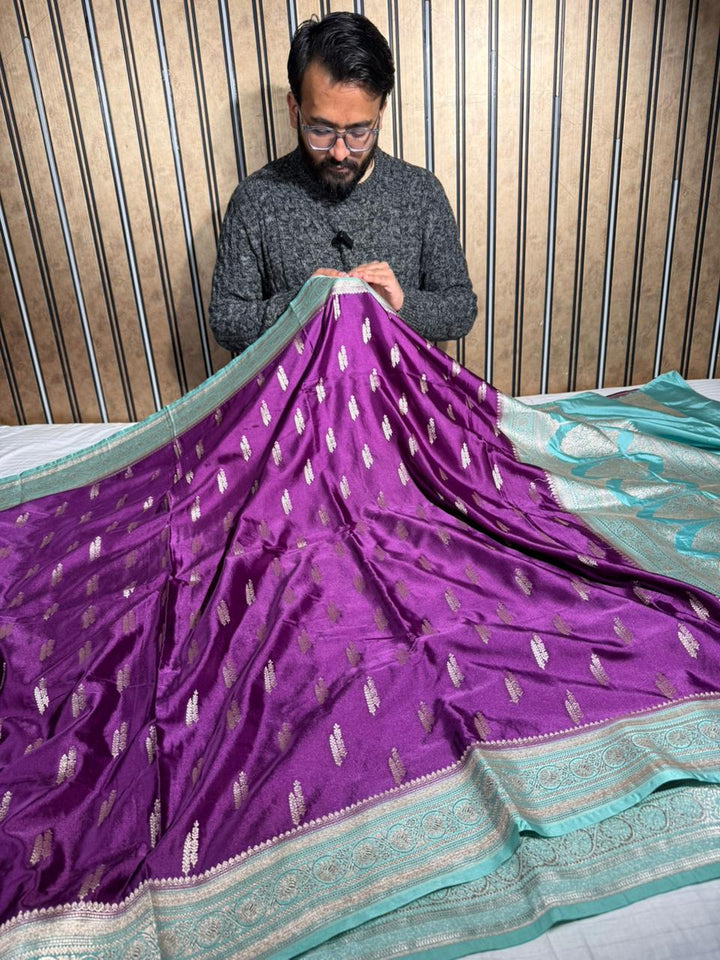  Bright Purple Mashru Katan Silk Traditional Weave Banarasi Saree 