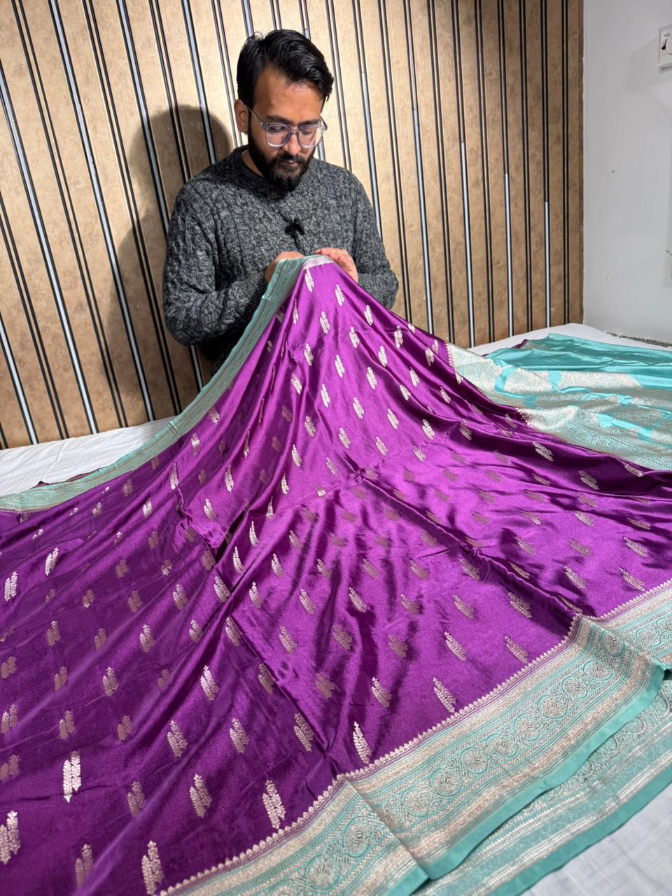  Bright Purple Mashru Katan Silk Traditional Weave Banarasi Saree 