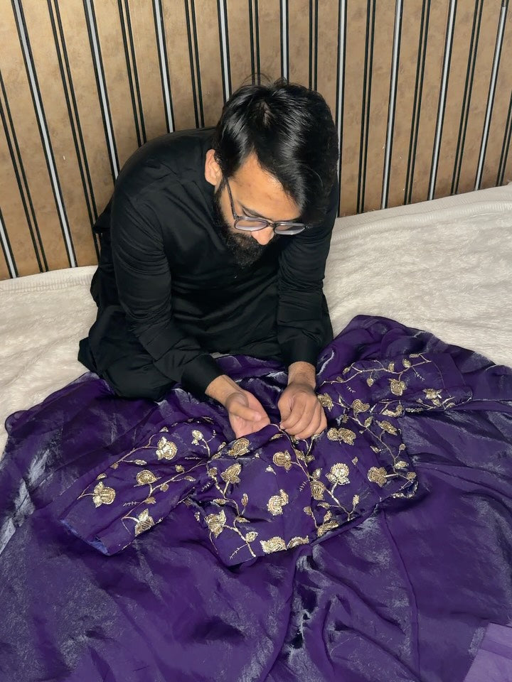 Bright Purple Shimmery Tissue Silk Designer Banarasi Saree