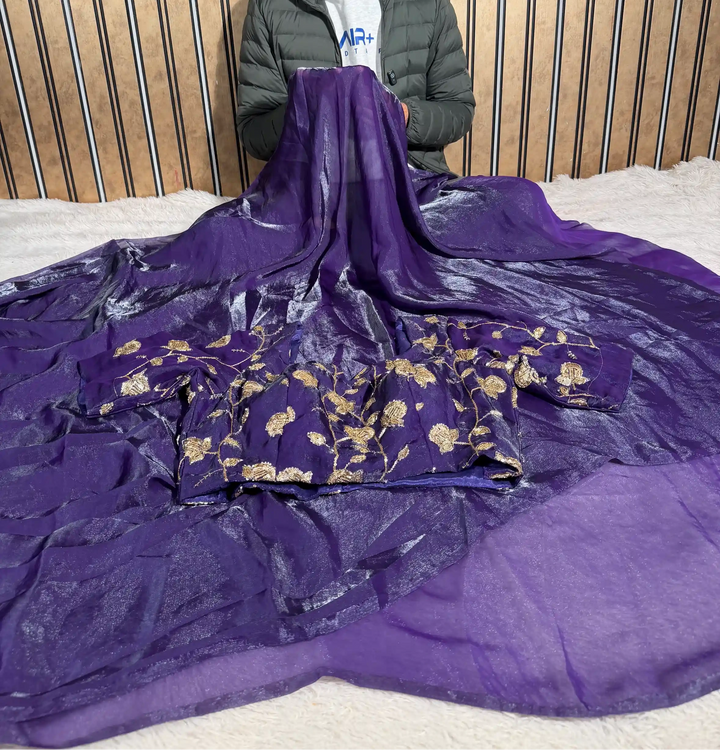 Bright Purple Shimmery Tissue Silk Designer Banarasi Saree